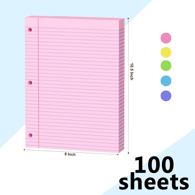 AILZFEI Pink Loose Leaf Paper 100 Sheets Colored Filler Paper 8 * 10.5 College Ruled 3-Hole Punched Paper for 3-Ring Binders Notebook Lined 8"" x 10.5"" - Image 2